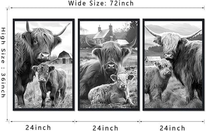 Vintage Scottish Cow Family Canvas Wall Art Rustic Highland Cow & Calf Poster Wall Decor Black White Western Farm Animals Artwork for Apartment Bedroom Country Decoration 24x36inchx3pcs,Framed