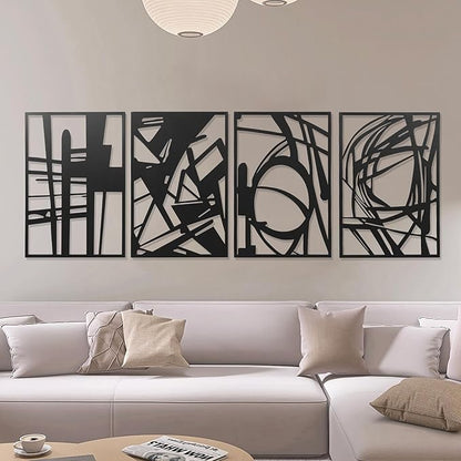 AMAATE Minimalist Abstract Line Art Metal Wall Decor Set of 4, Black Iron Geometric Sculptures with Curved Patterns and 3D Effect, Modern Artistic Wall Accents for Living Room, Bedroom, Home Office and Studio Decor, 17.7" X 26.4"