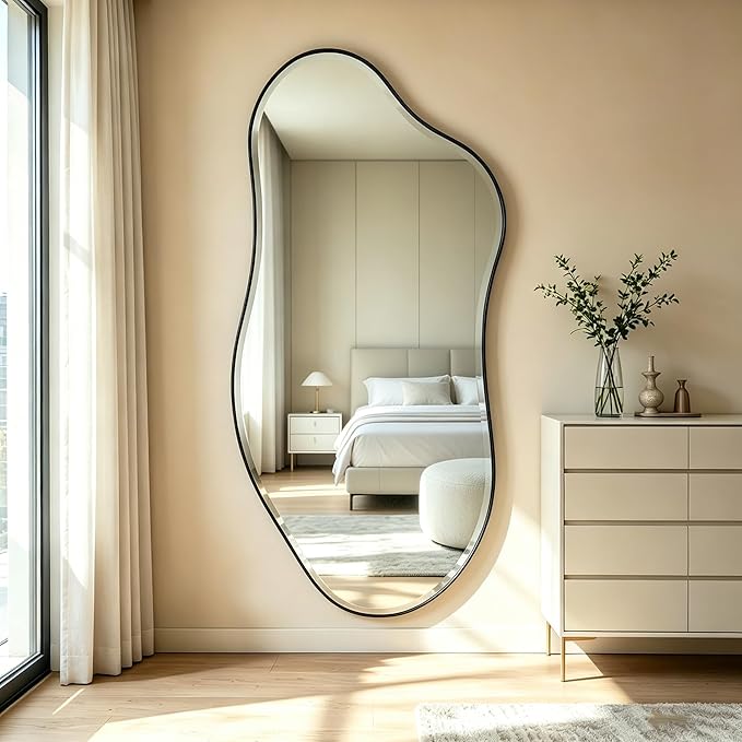 POZINO Large Irregular Beveled Mirror, 63"x31.5" Premium Asymmetrical Wall Mirror with Metal Frame, Organic Shaped Mirrors for Living Room Bedroom Hallway Entryway, Horizontal/Vertical Hanging
