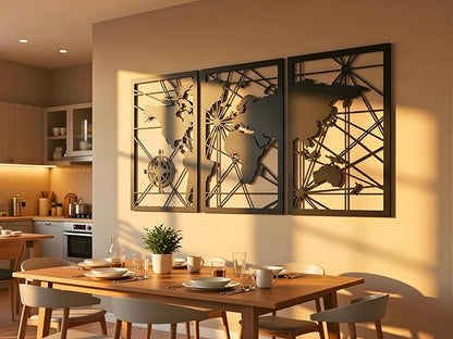 VAILLA World Map Wood Wall Art Decor Large Hanging Sculpture Modern Home Decoration Large Set of 3 Panels Map Wallart Botanical Wall Hangings Wooden Wall Arr 3D Textured Sculptures for Living Room Bedroom Office Dinnig Room