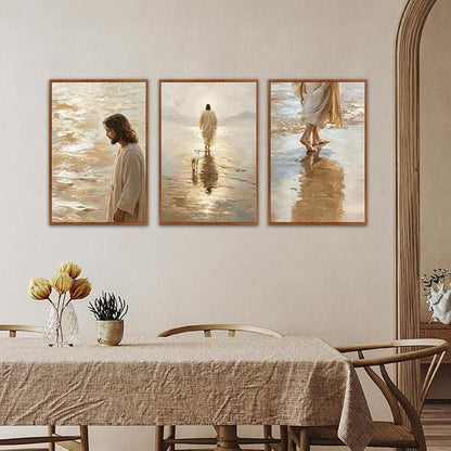 KAlRNE Jesus Walking On Water Wall Art Set of 3(24”X36”),Christian Bible Wall Decor,Neutral Spiritual Gold Framed Canvas Paintings,Lost Sheep Art Prints For Living Room Bedroom Church Office