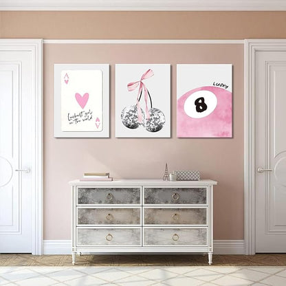 JBZZD Pink Coquette Canvas Wall Art Set of 3 Trendy Preppy Disco 8 Ball Cherry Wall Decor Posters Room Decor Prints Pictures for College Apartment Girls Bedroom Living Room Framed 16x24 In