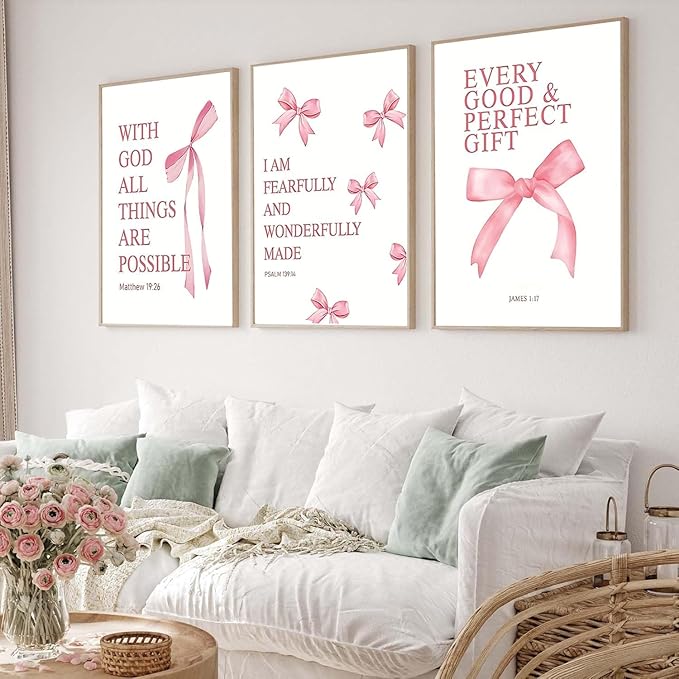 JBZDD Coquette Pink Bow Wall Art Decor Posters Set of 3, Inspirational Bible Verses Pictures Prints Coquette Aesthetic for Girls Room College Apartment Living Room Bedroom Unframed 16x24 In