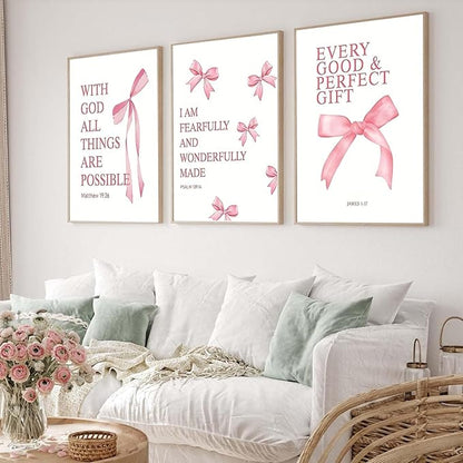 JBZDD Coquette Pink Bow Wall Art Decor Posters Set of 3, Inspirational Bible Verses Pictures Prints Coquette Aesthetic for Girls Room College Apartment Living Room Bedroom Unframed 16x24 In