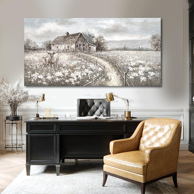 Neutral Greige Highland Cow Canvas Wall Art, Rustic Country Cottage Landscape with Meadow Flowers, Large Horizontal Framed Canvas, Ready to Hang for Living Room/Bedroom, 29x58 Inches