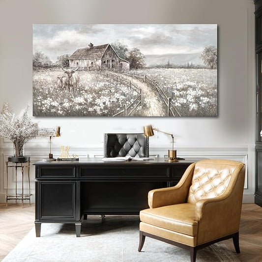 Neutral Greige Highland Cow Canvas Wall Art, Rustic Country Cottage Landscape with Meadow Flowers, Large Horizontal Framed Canvas, Ready to Hang for Living Room/Bedroom, 29x58 Inches