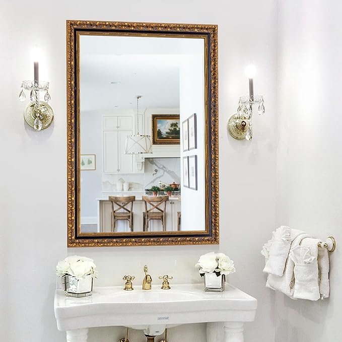 Chende Vintage Gold Mirror, 40''x28'' Large Living Room Mirror with Black Gold Wood Frame, Retro Ornate Mirrors Wall Decor for Dining Room, Entryway, Fireplace, Bathroom