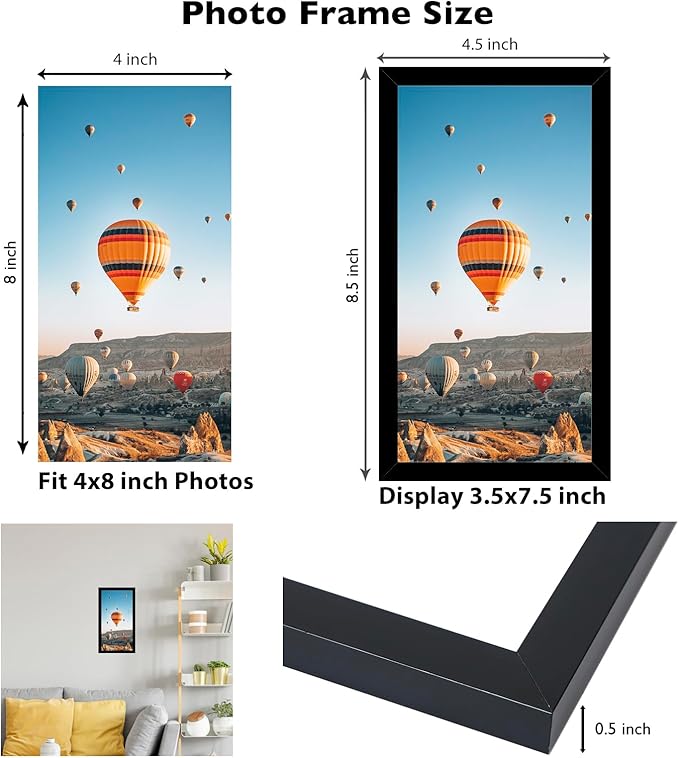 JCJMY 4x8 Black Picture Frame Set of 6, Horizontal and Vertical Formats for Wall Hanging, 4 x 8 Wall Gallery Poster Photo Frames with Shatter Resistant Plexiglass, 6 Pack, Black