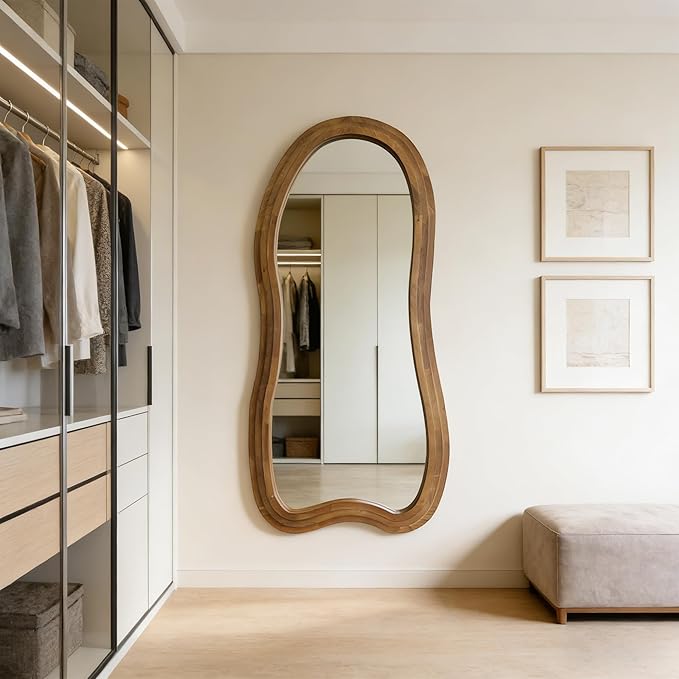 Irregular Floor Mirror, 67"x31.5" Large Wavy Mirrors with Triple Layer Solid Wood Frame, Premium Asymmetrical Full Length Mirror for Living Room Entryway Hallway Bedroom, Leaning/Hanging