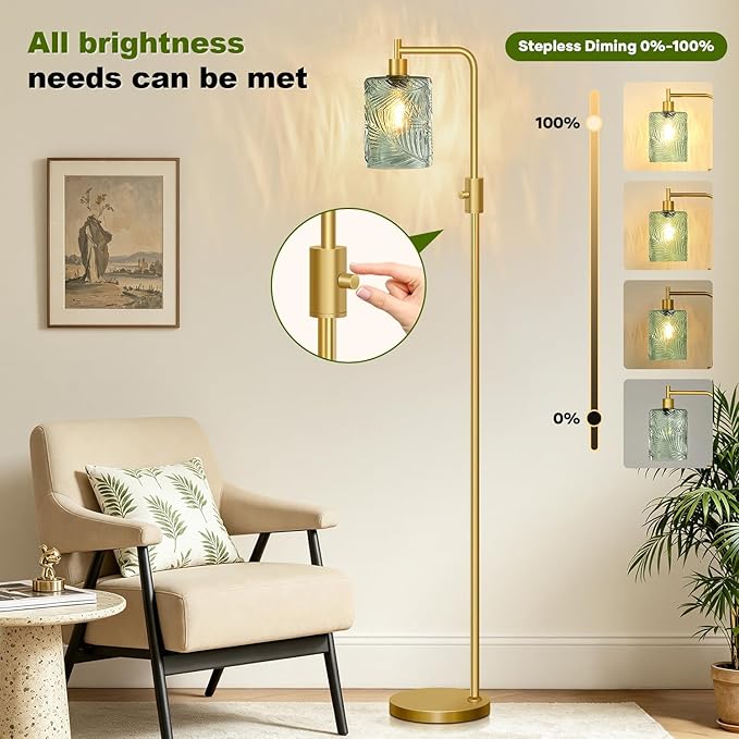 【Upgraded】 Dimmable Glass Floor Lamp for Living Room, Modern Gold Standing Lamp with Green Feather Glass Lampshade & Knob Dimmer, Arc Tall Lamp for Bedroom Office Reading Room, 2700K Led Bulb Included