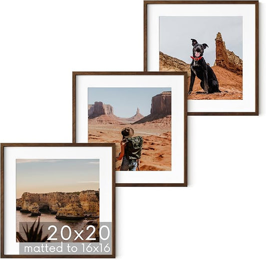 HAUS AND HUES Walnut Oak Wood 20x20 Picture Frames - Set of 3, Square Frames with Mat, Elegant Frames for Posters and Artwork (20x20 in, Walnut, Set of 3)