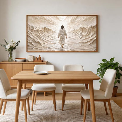 Aurlan Jesus Walking on Water Framed Wall Art(40"x20"), 3D Textured Modern Christian Biblical Faith Divine Light Canvas Artwork, Large Religious Spiritual LDS Baptism Gift Painting Decor for Home Office Living Room Bedroom