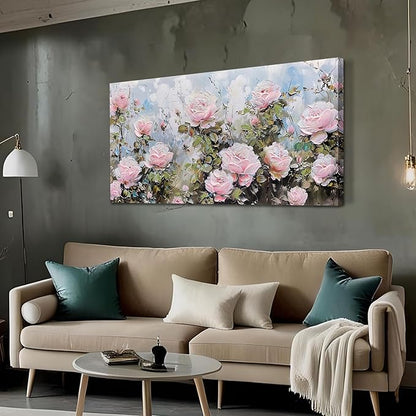 Ardemy Flower Wall Art Canvas Art Wall Decor, Floral Painting Textured Picture Living Room Pink Rose Artwork Large Framed for Bedroom Kitchen Dining Room Home Office Decor 48"x24"