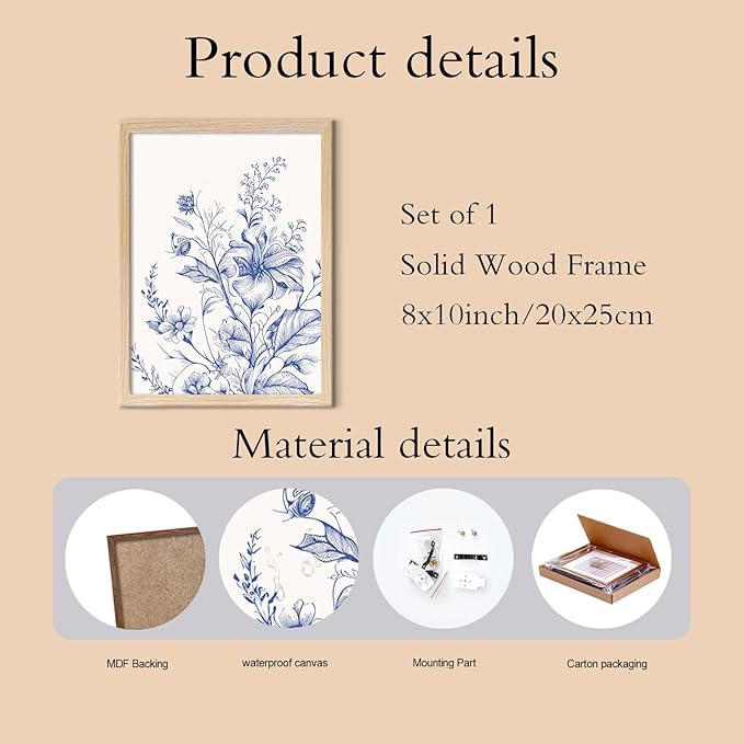 Blue Floral Canvas Wall Art, Blue Line Flower Wall Decor, Blue White Chinoiserie Wildflower Pictures Prints Minimalist Botanical Artwork for Bedroom Living Room Bathroom Kitchen 8x10 in Framed