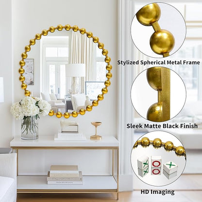 Round Gold Mirror 28'', Spherical Frame Round Mirror for Living Room, Beaded Mirror for Bathroom, Dining Roon, Bed Room, Entryway