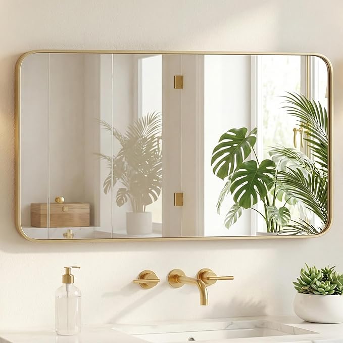 Sweetcrispy Bathroom Wall Mirror, 48x30 Inch Wall Mount Mirror for Over Sink, Modern Rounded Rectangle Vanity Mirror with Matte Metal Framed, for Home Decor, Living Room, Bedroom, Gold