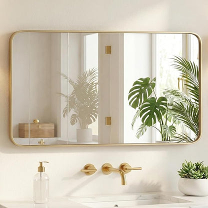 Sweetcrispy Bathroom Wall Mirror, 48x30 Inch Wall Mount Mirror for Over Sink, Modern Rounded Rectangle Vanity Mirror with Matte Metal Framed, for Home Decor, Living Room, Bedroom, Gold