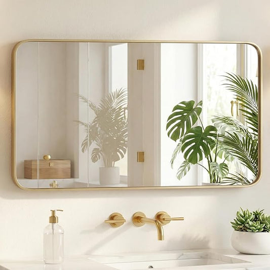 Sweetcrispy Bathroom Wall Mirror, 48x30 Inch Wall Mount Mirror for Over Sink, Modern Rounded Rectangle Vanity Mirror with Matte Metal Framed, for Home Decor, Living Room, Bedroom, Gold