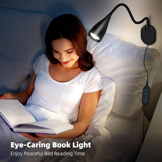 LiFMIRA Wall-Mounted LED Bedside Reading Light with USB Charging Port, 10-Level Dimmable & Adjustable 5 Color, Plug-in Adhesive Night Lamp for Books in Bed, Eye-Caring Bedroom Lighting (Black)