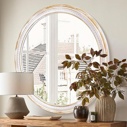 HOITUZYUS 36 Inch Farmhouse Round Wood Mirror, Rustic Boho Circle Decorative Mirrors for Bathroom, Living Room, Entryway, Bedroom, Hallway