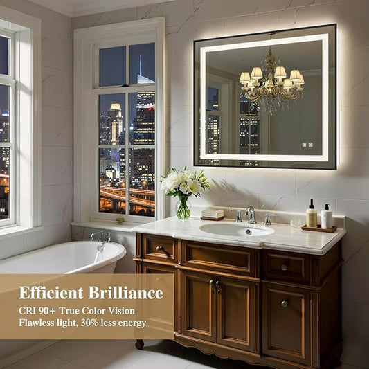 40X36 Inch LED Bathroom Mirror with Lights, Black Frame Frontlit+ Backlit Bathroom Vanity Mirror for Wall, Ultra-Clear Tempered Glass, Shatter-Proof, Anti-Fog and Memory Function, ETL Listed