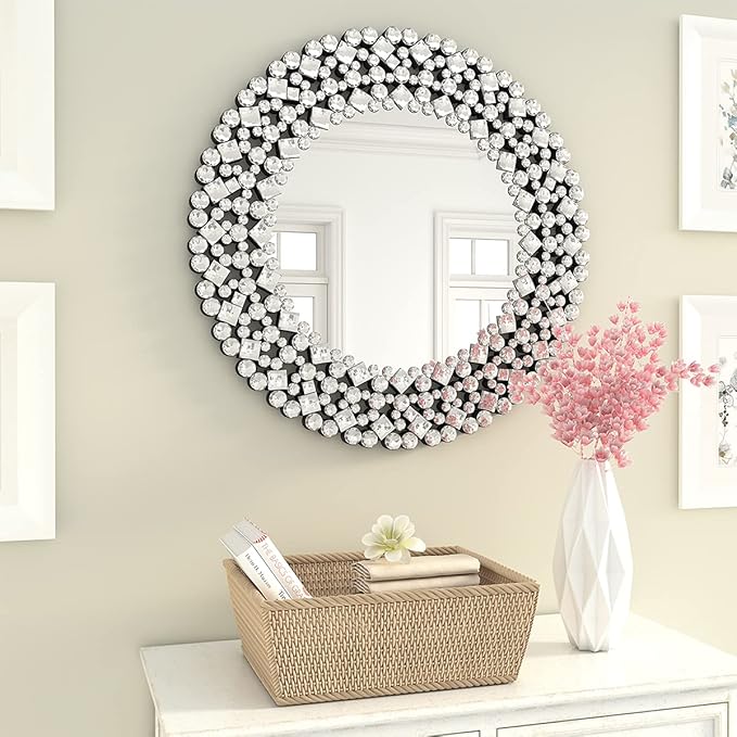 SHYFOY 35.5" Oversize Jeweled Ornate Wall Mirrors Decorative Crystal Accent Round Mirrors for Wall Home Decor, Modern Crushed Diamond Gemstone Mirror for Living Room