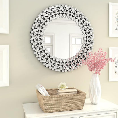 SHYFOY 35.5" Oversize Jeweled Ornate Wall Mirrors Decorative Crystal Accent Round Mirrors for Wall Home Decor, Modern Crushed Diamond Gemstone Mirror for Living Room