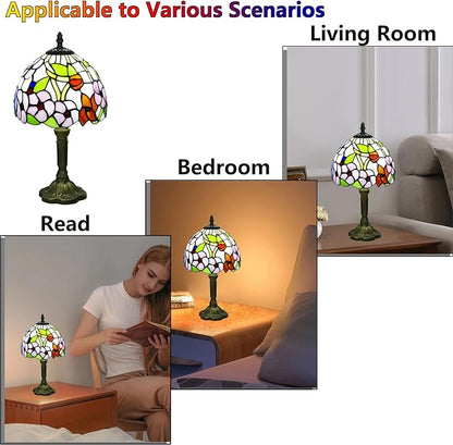 Tiffany Style Table Lamp, 3 Color Temperatures Bedside Lamp, 8 Inch Stained Glass Desk Light for Home Office Bedroom Living Room (Four-Leaf Flower Pattern)