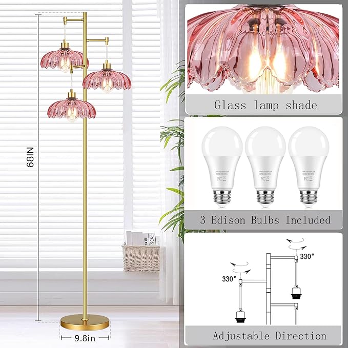 AHDWDW Gold Floor Lamp for Living Room,Modern Floor Lamps with Unique Pink Glass Shades,3 Lights Mid Century Tall Standing Lamp,Vintage Tree Flower Floor Lamp for Bedroom Corner Office Reading