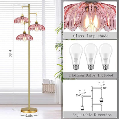 Vintage Floor Lamps for Living Room Bedroom-3 Light Glass Floor Lamp with Three Led Bulb, Tall Flower Floor Lamp Gold Mid Century Modern Standing Lamp Tree Floor Lamps for Living Room Bedroom Corner