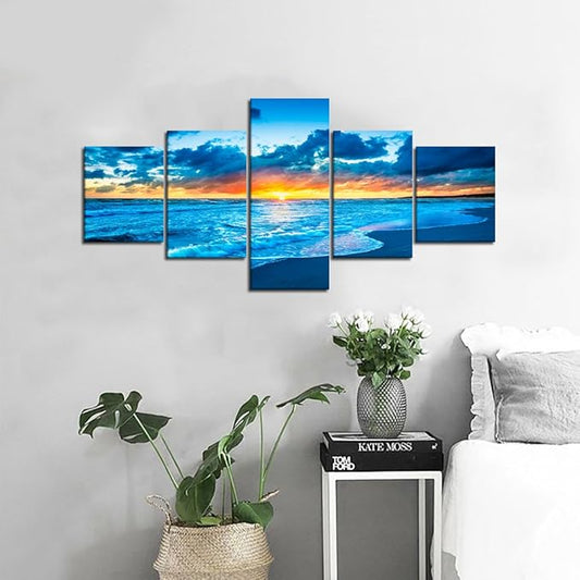 Yatsen Bridge Blue Beach Ocean Sunrise Modern Landscape Seascape Painting on Canvas 5 Piece Pictures Wall Art for Living Room Home Decor Wooden Framed Stretched Ready to Hang (50''W x 24''H)