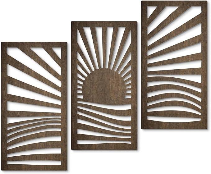 Putuo Decor Wooden Mid-Century Modern Wall Art Set of 3, Sunrise Landscape Wall Decor Nature-Inspired Geometric Artwork for Living Room Bedroom Entryway Dark Brown Modern Wall Sculpture