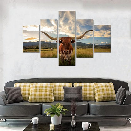 Yatsen Bridge 5 Panels Cow Canvas Wall Art Texas Longhorn Wall Decor Painting for Living Room - 60''W x 40''H