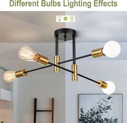 4-Light Black Modern Sputnik Chandeliers, Gold Semi Flush Mount Ceiling Light Fixture, Mid Century Farmhouse Kitchen Lighting Fixtures Ceiling Mount for Living Room Dining Room Bedroom