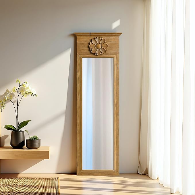 ZIYOO Full Length Wall Decorative Mirror with Carved Lotus Accent, in Natural Wood Finish, Floor or Wall Mounted, Living Room, Entryway Japandi Wabi-Sabi Home Decor, 74"x21"