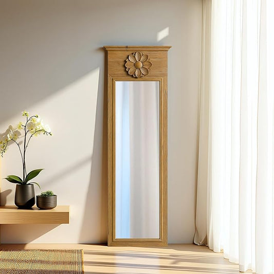 ZIYOO Full Length Wall Decorative Mirror with Carved Lotus Accent, in Natural Wood Finish, Floor or Wall Mounted, Living Room, Entryway Japandi Wabi-Sabi Home Decor, 74"x21"