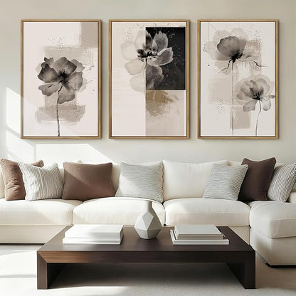 IARTTOP Framed Black Neutral Large Wall Art 16x24 Inch White Beige Abstract Floral Canvas Wall Decor Modern Minimalist Flower Paintings for Living Room Bedroom Dining room Set of 3