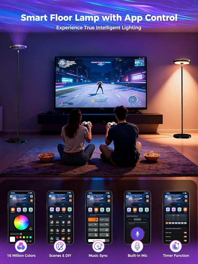 Smart Floor Lamp for Living Room, 66.8" RGB+WW Ripple Projector Floor Lamp for Bedroom, 3-in-1 LED Floor Lamp with RGB+IC Side Light & RA90 Reading Light, Dimmable Mood Light with App Control