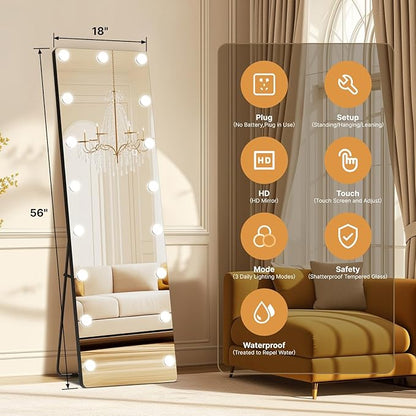 Kosmonia 56x18 Hollywood Full Length Mirror with Light, 17 Dimmable Bulbs & 3 Color Smart Touch Control, Distortion Free, Tempered Glass, Safe Full Body Mirrors with Stand