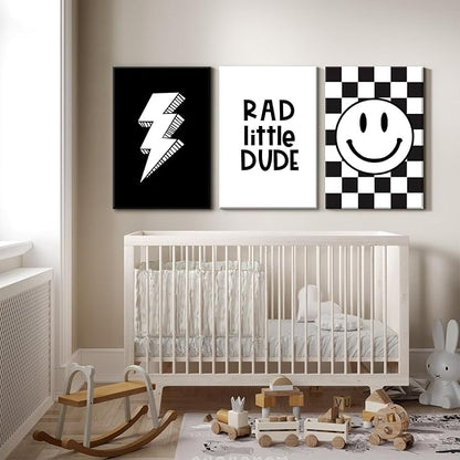 Boys Room Wall Art Decor Toddler Nursery Canvas Wall Art Baby Kids Wall Decor Black Checkered Smiley Poster Pictures Retro Playroom Rad Little Dud Art Prints for Bedroom 12x16x3 Inch Framed