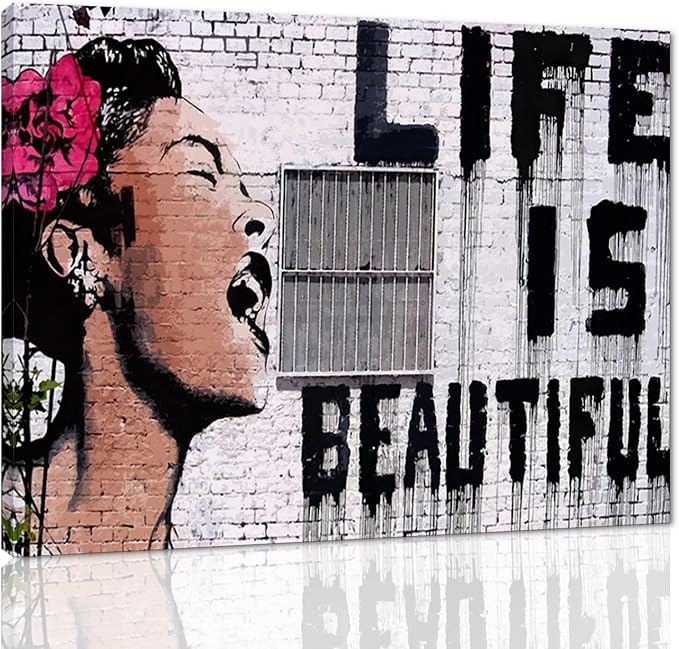 Graffiti Wall Art Inspirational Canvas Art Print Life is Beautiful Graffiti Pop Art Posters for Living Room Bedroom Decoration Stretched and Framed Easy to Hang - 24" W x 18" H