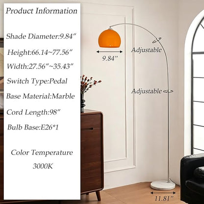 Orange Arc Floor Lamp with Acrylic Shade,Arch Reading Lamp Floor Standing,Mid Century Modern Orange Standing Lamp for Living Room Bedroom