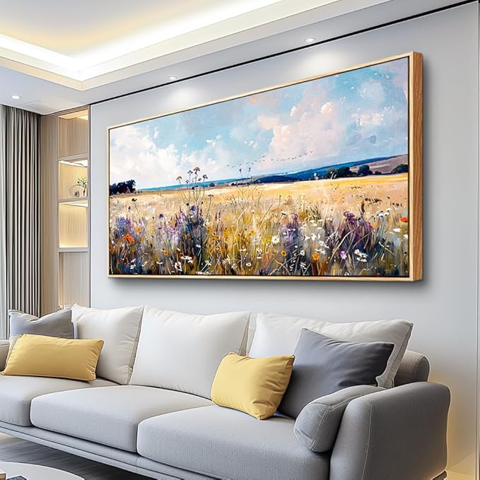 hyidecorart Wood Framed Canvas Print Wall Art Living Room Boho Wall Decor For Bedroom Farmhouse Autumn Watercolor Wild flowers Nature Field Landscape Wall Paintings Pictures Office Decoration