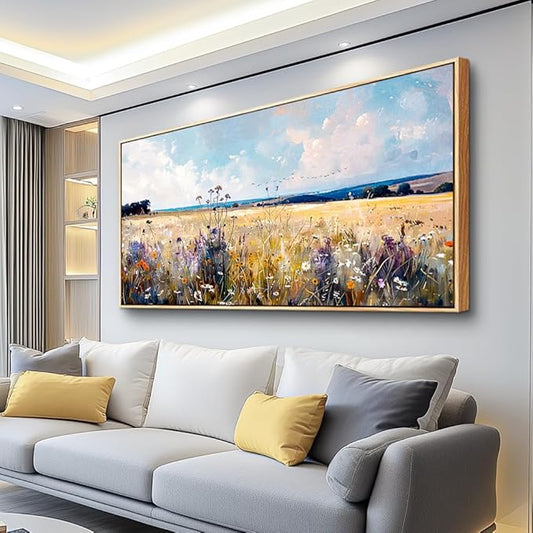 hyidecorart Boho Wall Decor For Bedroom Wood Framed Canvas Print Wall Art Living Room Farmhouse Pictures Autumn Watercolor Wild flowers Nature Field Landscape Wall Paintings Office Decoration