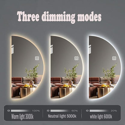 Half Moon LED Bathroom Mirror -Half Moon Mirrors for Wall,Frameless Backlit Smart Vanity Mirrors.3-Color Dimmable,Anti-Fog (Right Semicircle, 20 * 39in/50 * 100cm)