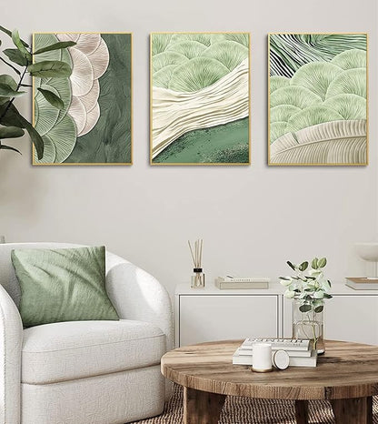 3Pcs Abstract Green Wall Art Mid Century Texture Wall Decor Posters Pictures Modern Minimalist Sage Green Ginkgo Leaf Canvas Paintings Prints for Bedroom Living Room Decoration Unframed