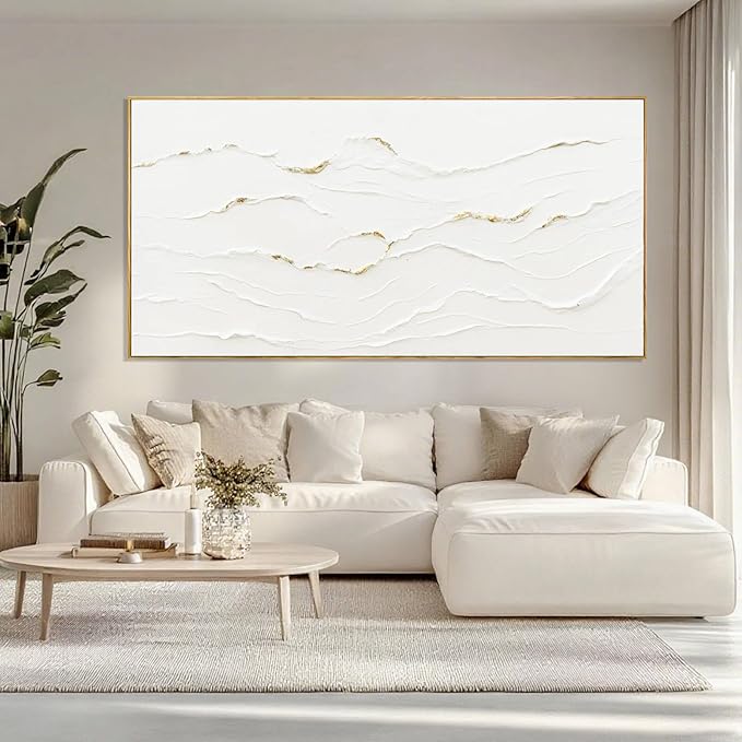 WINKAILIN Large Wavy Line White Abstract Wall Art with Frame Minimalist Modern Hand drawn Painting Textured Poster for Living Room Dining Room Bedroom Decor 29"x58"