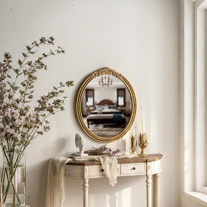 ZIYOO Vintage Ornate Oval Wall Mirror, Baroque Gold Framed Decorative Mirror, Ornate Antique Accent Mirror for Living Room, Bedroom, Entryway, Vanity 26"x31"