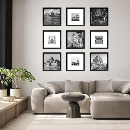8x8 Picture Frame Set of 6, Display Pictures 4x4 with Mat or 8x8 Without Mat, Tabletop Display and Wall Hanging Photo Frame, Collage Wall Decor Gallery Wall Frame Set, Black