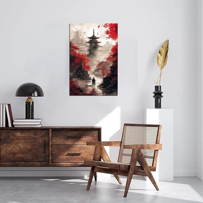 Japanese Canvas Wall Art Japanese Landscape Painting Prints Red and Black Cherry Blossom Trees Building Pictures Artwork for Men Bedroom Living Room Office (24''W x 36''H)